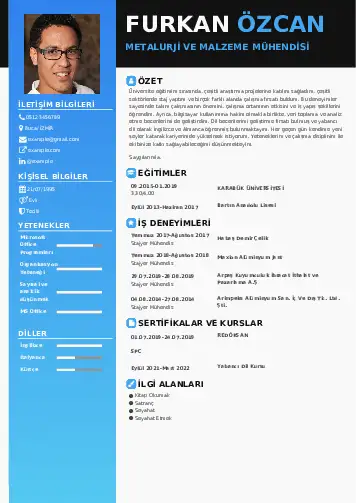 Metalürji Ve Malzeme Mühendisliği Cv Örnekleri cv indir